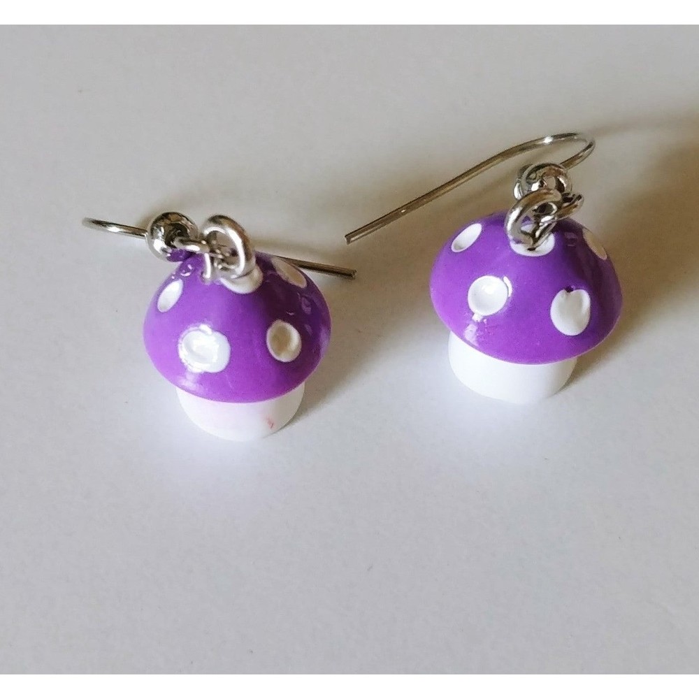 Super Mario Style Purple Toad Mushroom Dangle Drop Earrings